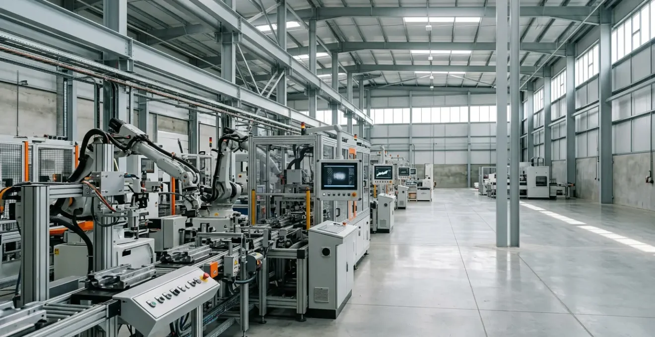 Industrial manufacturing equipment with sensor monitoring systems in modern factory setting