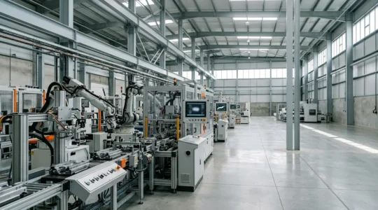 Industrial manufacturing equipment with sensor monitoring systems in modern factory setting