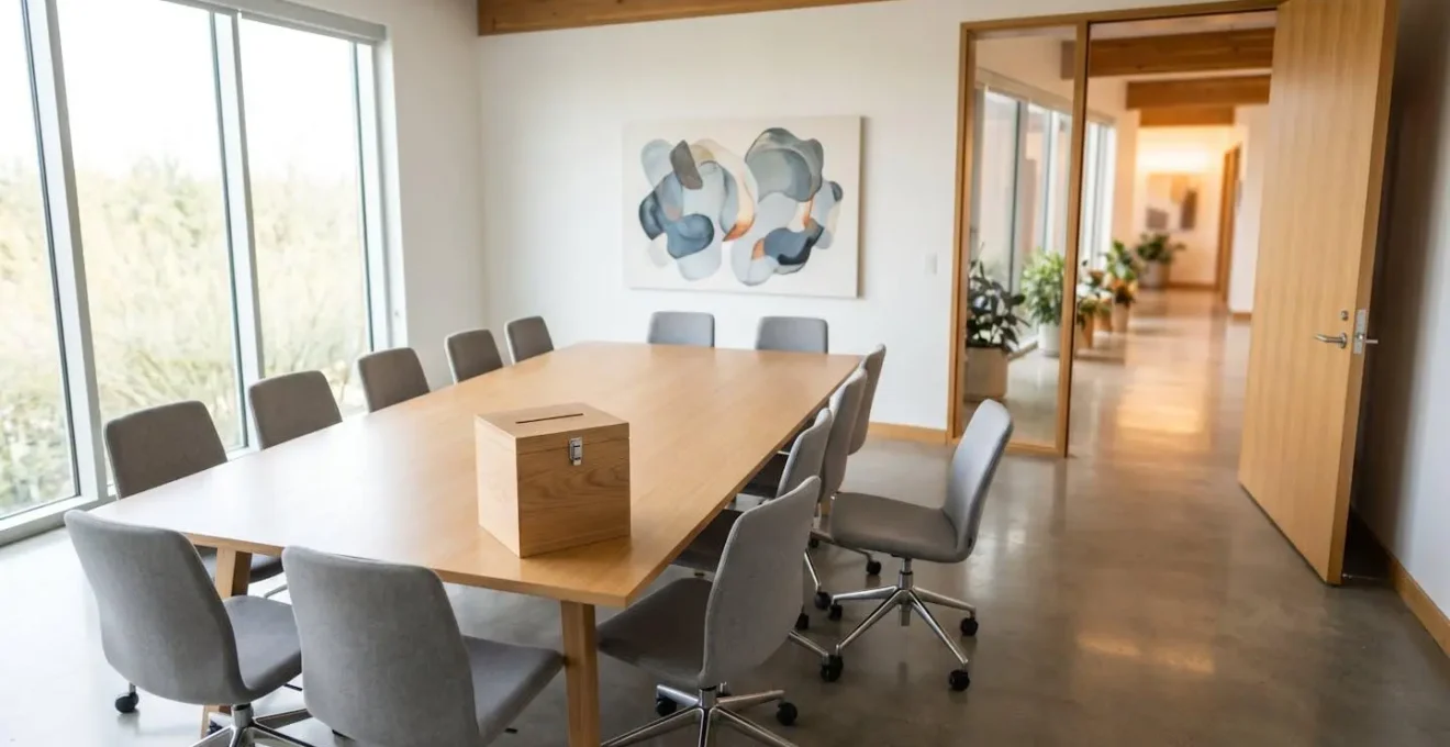 An empty, bright meeting room with an open door and a suggestion box, symbolizing a transparent and psychologically safe feedback environment.