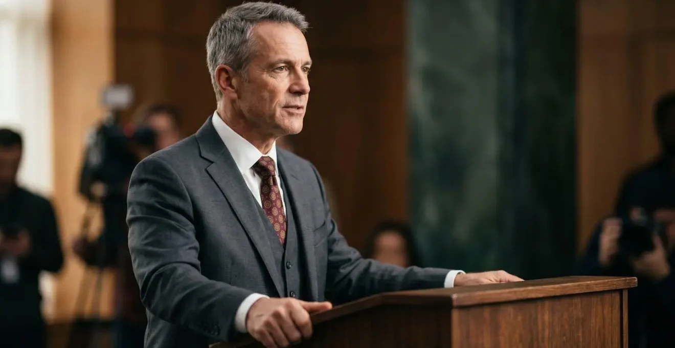 CEO delivering crisis statement at podium with confident posture