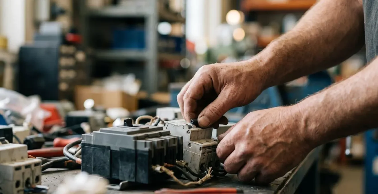 A close-up of hands carefully managing interconnected industrial circuit components representing resilience patterns in distributed systems