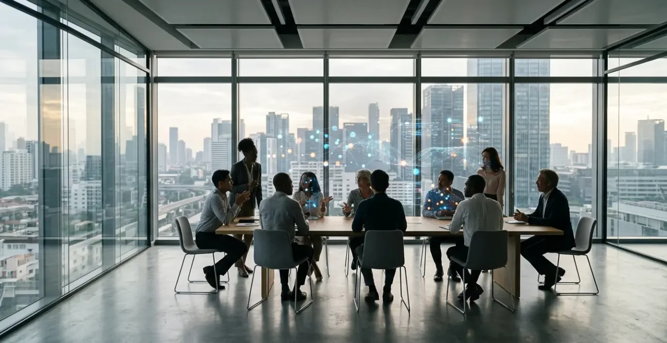 Modern office environment showing data visualization of integrated human and capital resources through cloud ERP systems