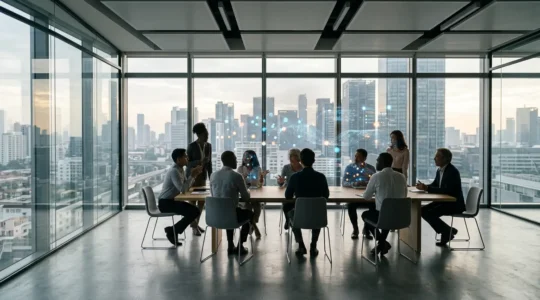 Modern office environment showing data visualization of integrated human and capital resources through cloud ERP systems