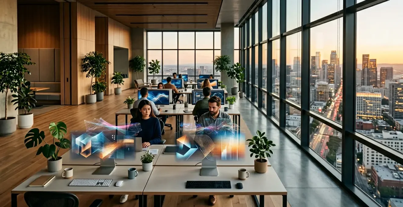 Modern retail operations center with digital transformation visualization