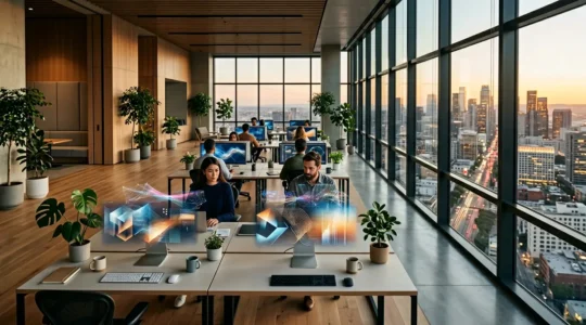 Modern retail operations center with digital transformation visualization