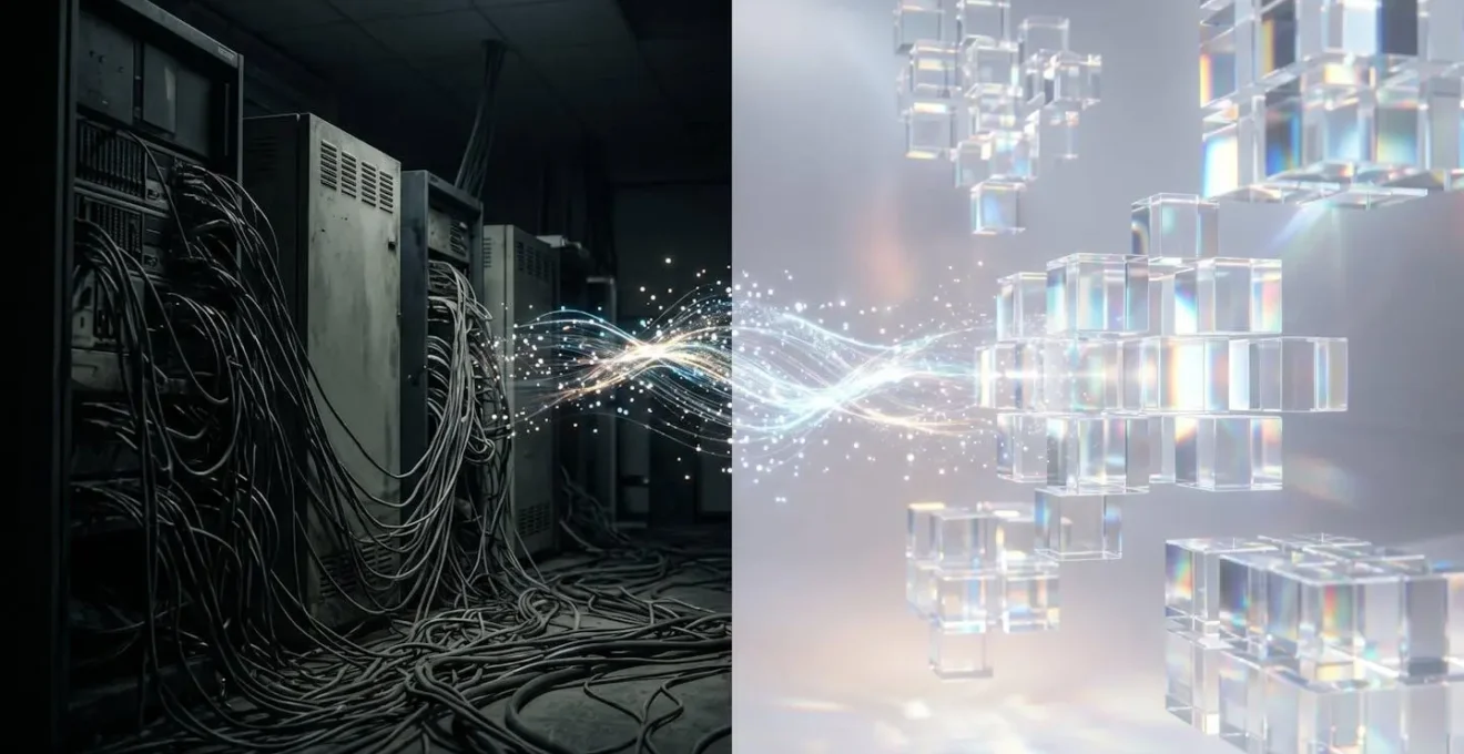 Abstract visualization of data flow between on-premise servers and cloud infrastructure