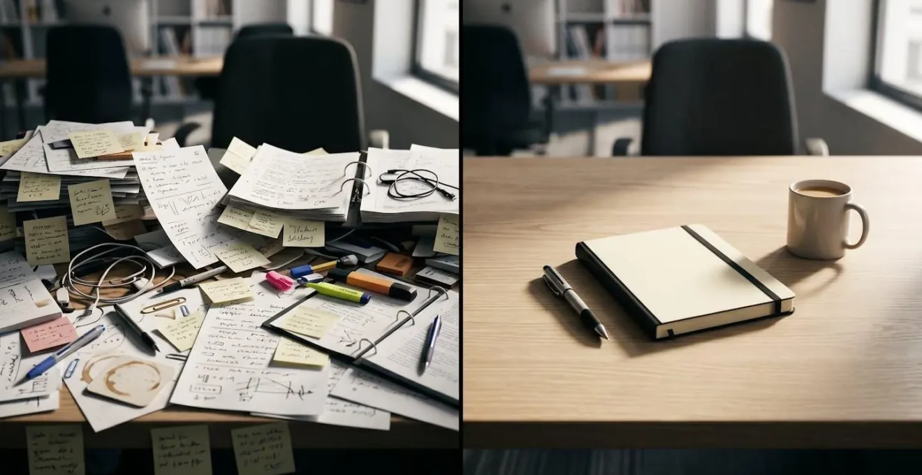 Split view showing cluttered dashboard versus minimalist design approach