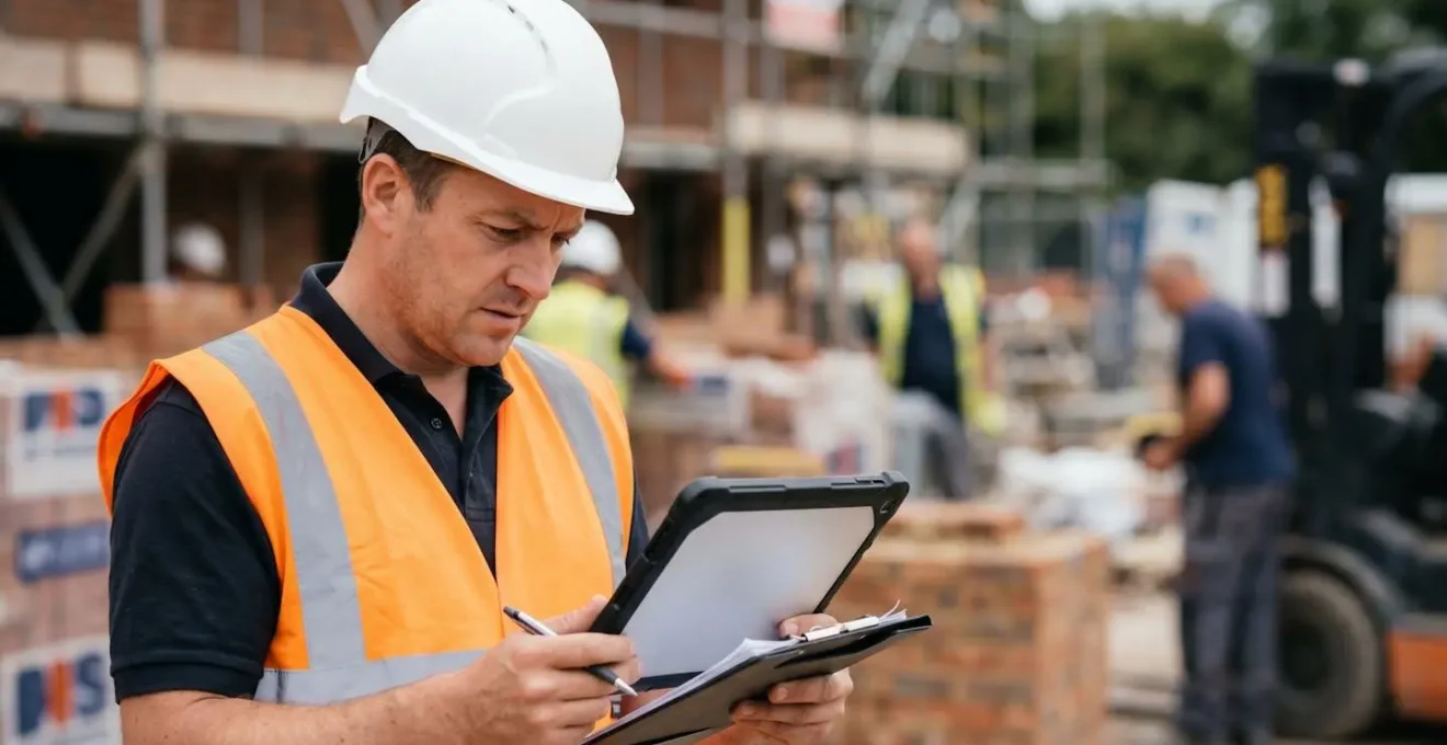 Construction site foreman using a mobile device to scan delivery documents with materials in the background
