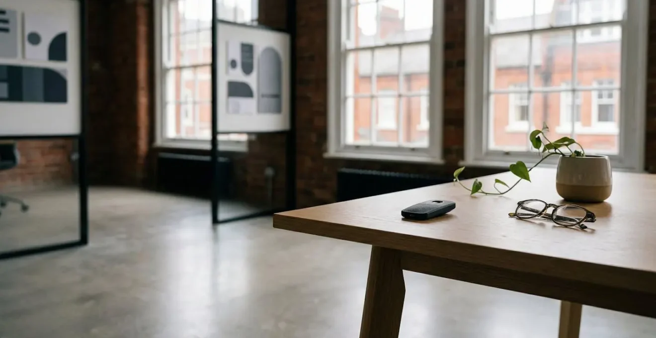 Professional editorial photograph depicting secure identity verification in a modern distributed work environment with subtle UK context