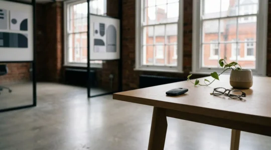 Professional editorial photograph depicting secure identity verification in a modern distributed work environment with subtle UK context