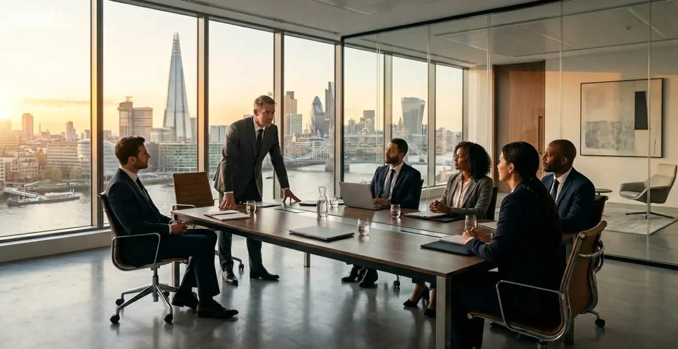Executive boardroom during urgent data breach response meeting with subtle UK architectural elements