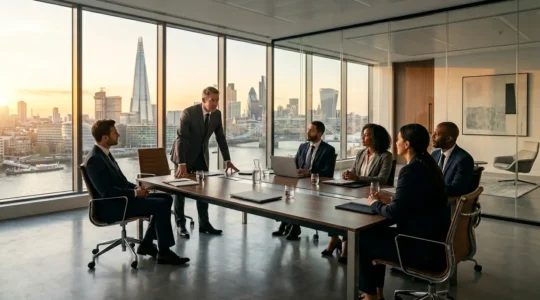 Executive boardroom during urgent data breach response meeting with subtle UK architectural elements