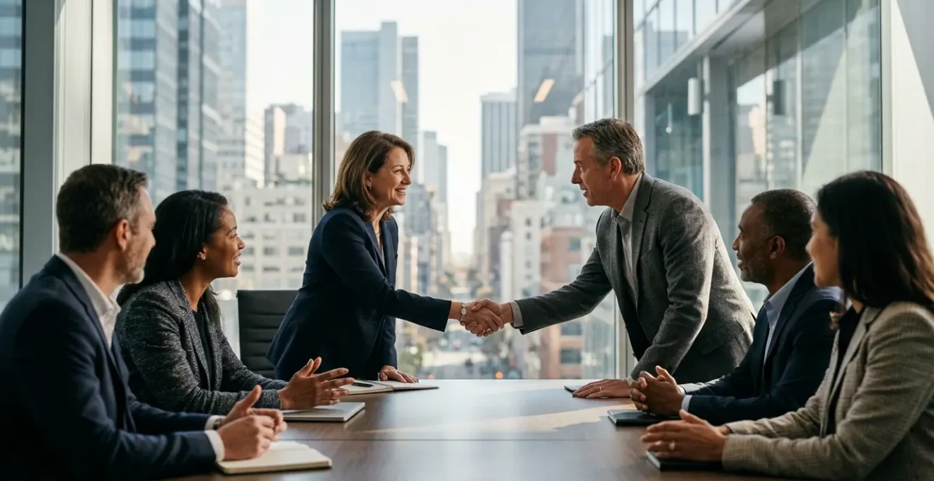 Executive teams from merged companies working together in unified boardroom setting