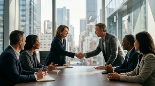 Executive teams from merged companies working together in unified boardroom setting