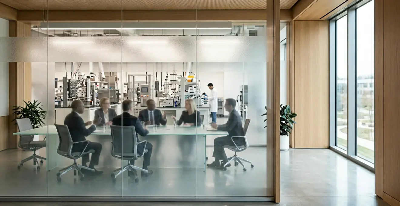 Strategic resource allocation meeting in a modern R&D facility showing executives analyzing portfolio investment patterns