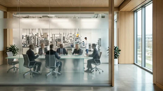 Strategic resource allocation meeting in a modern R&D facility showing executives analyzing portfolio investment patterns