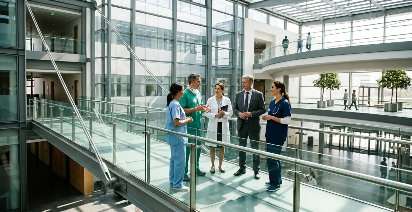 Healthcare professionals from different departments connecting across a symbolic bridge structure in a modern hospital environment