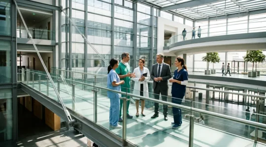 Healthcare professionals from different departments connecting across a symbolic bridge structure in a modern hospital environment