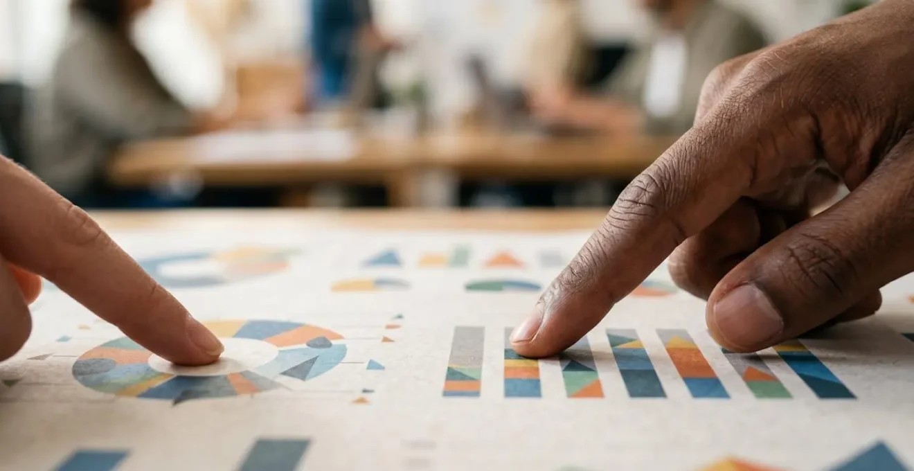 Close-up of hands analyzing financial data patterns on paper charts