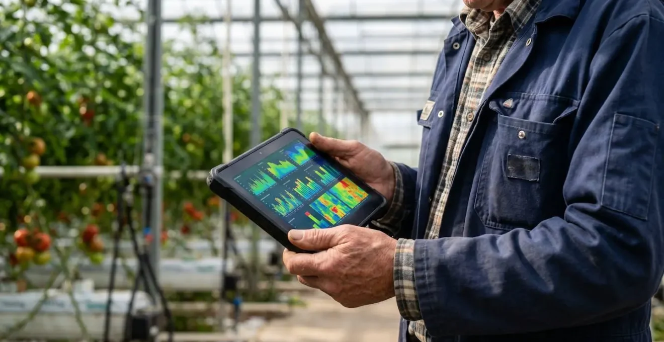 Close-up of hands analyzing digital farming data on tablet in greenhouse setting