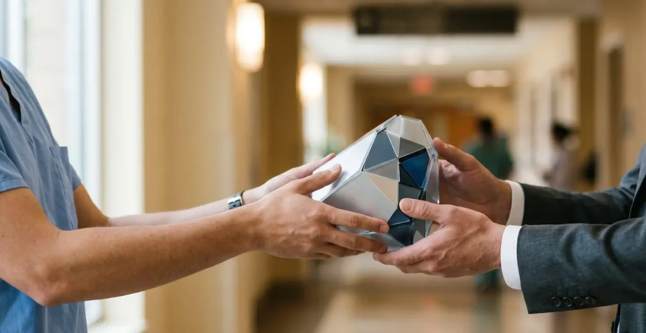 Healthcare professional hands exchanging a symbolic digital passport device in a clinical setting