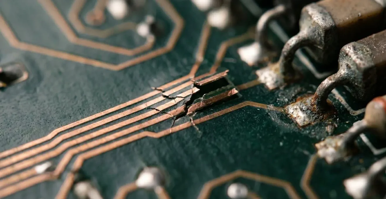 Macro detail showing fragmented and disconnected circuit board traces, representing enterprise system breakdown