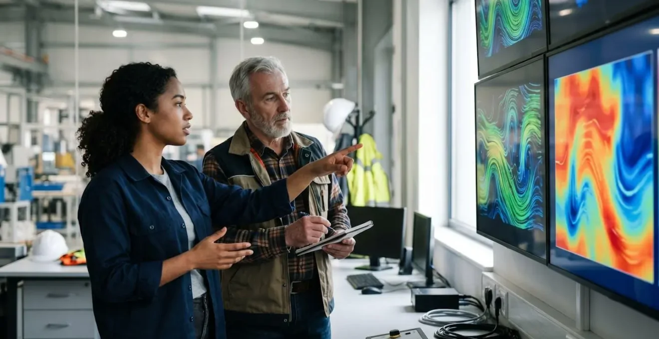 Manufacturing control room showing engineers monitoring digital twin simulations alongside live production data