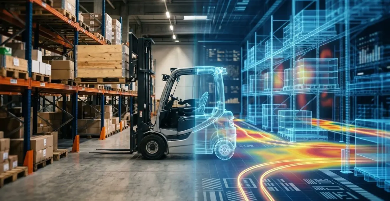 3D visualization of warehouse digital twin showing optimized forklift paths and heat mapping