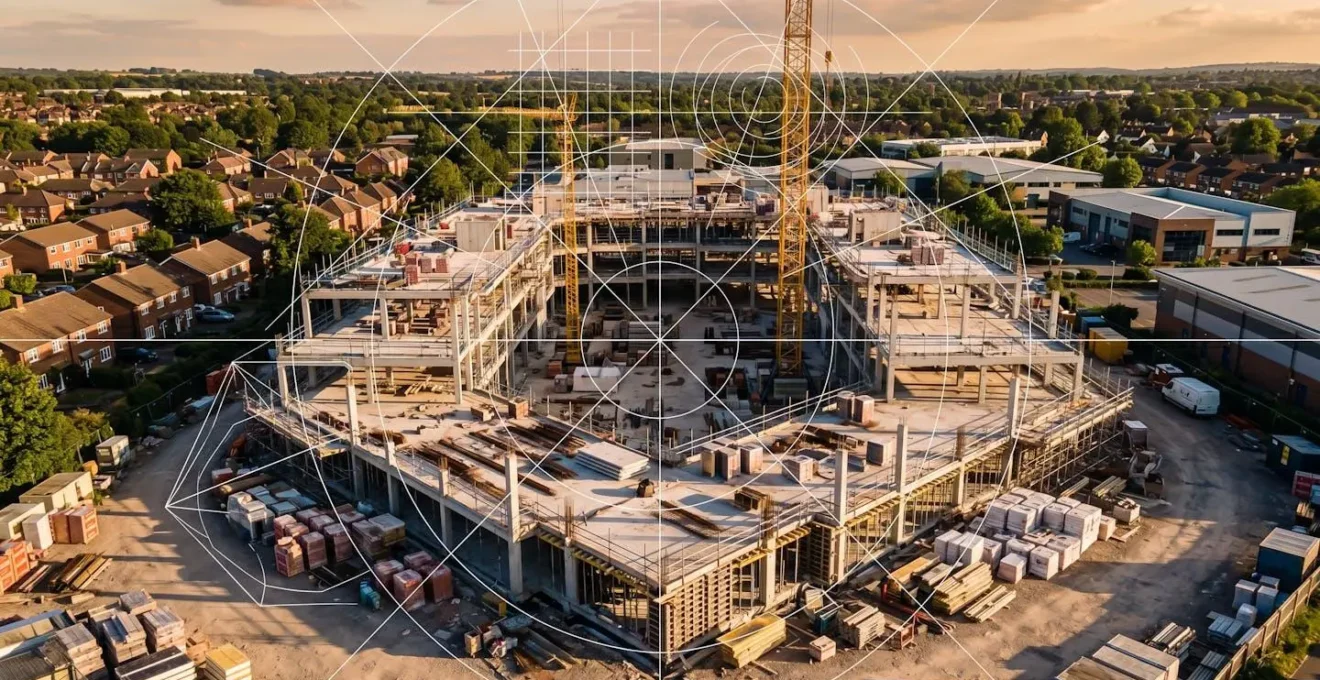 Aerial drone view of a UK construction site showing building progress with measurement overlay graphics