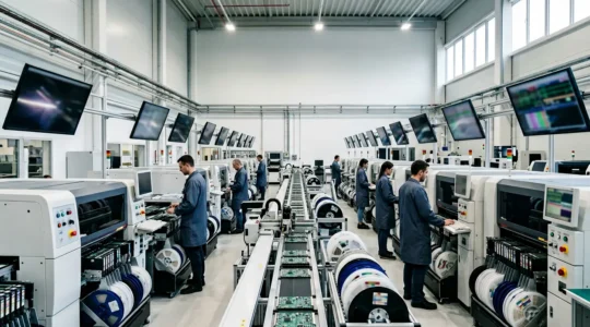 High-tech electronics assembly facility showcasing dynamic MRP optimization in action