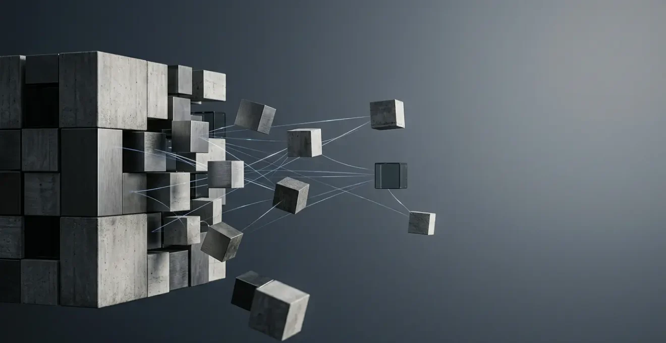 A visual metaphor of monolithic architecture decoupling into independent microservices for accelerated enterprise software development