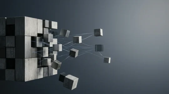 A visual metaphor of monolithic architecture decoupling into independent microservices for accelerated enterprise software development