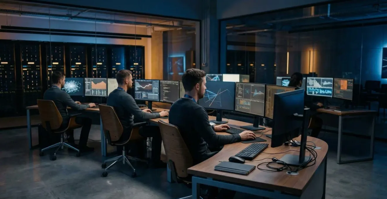 Modern security operations center with multiple monitors displaying data flows and audit trails for insider threat detection