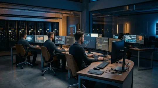 Modern security operations center with multiple monitors displaying data flows and audit trails for insider threat detection