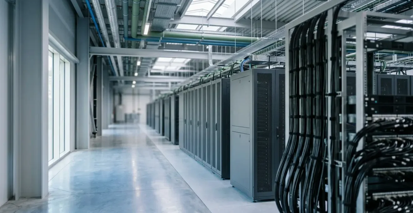 Modern UK data center showcasing energy-efficient server infrastructure and sustainable technology design