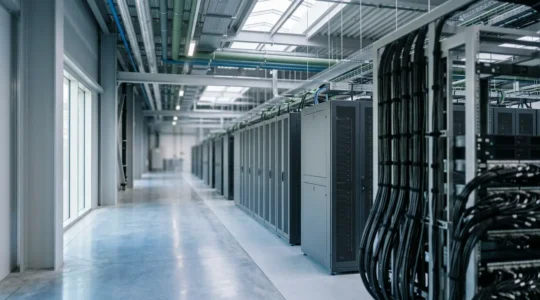 Modern UK data center showcasing energy-efficient server infrastructure and sustainable technology design