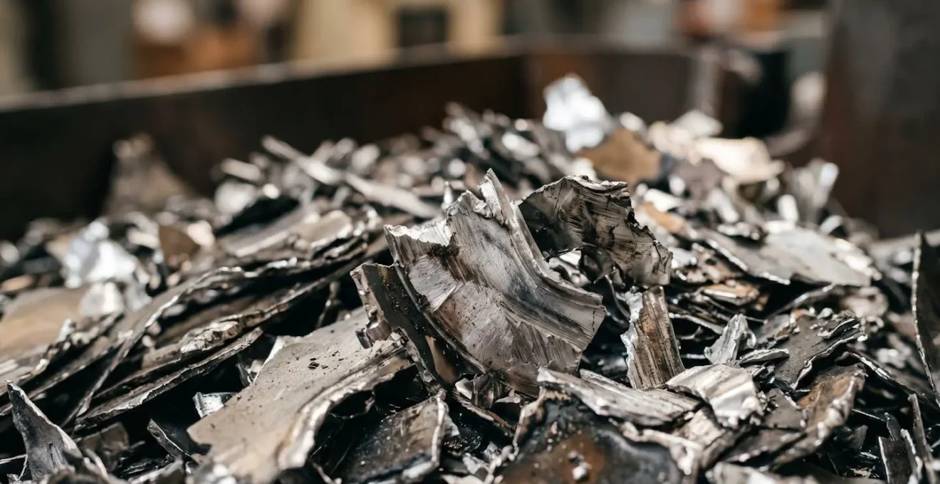 Extreme close-up macro shot of shredded hard drive platters showing destruction pattern