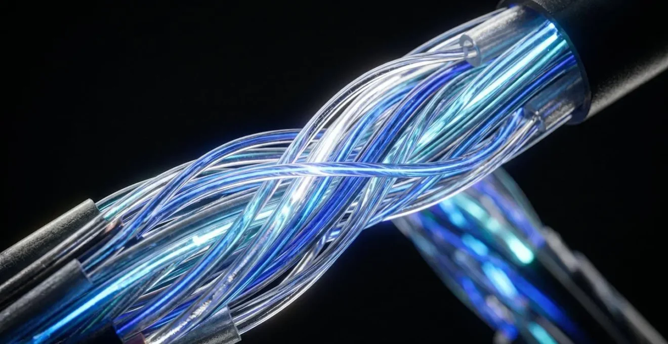 Extreme close-up of interconnected fiber optic cables symbolizing medical system integration