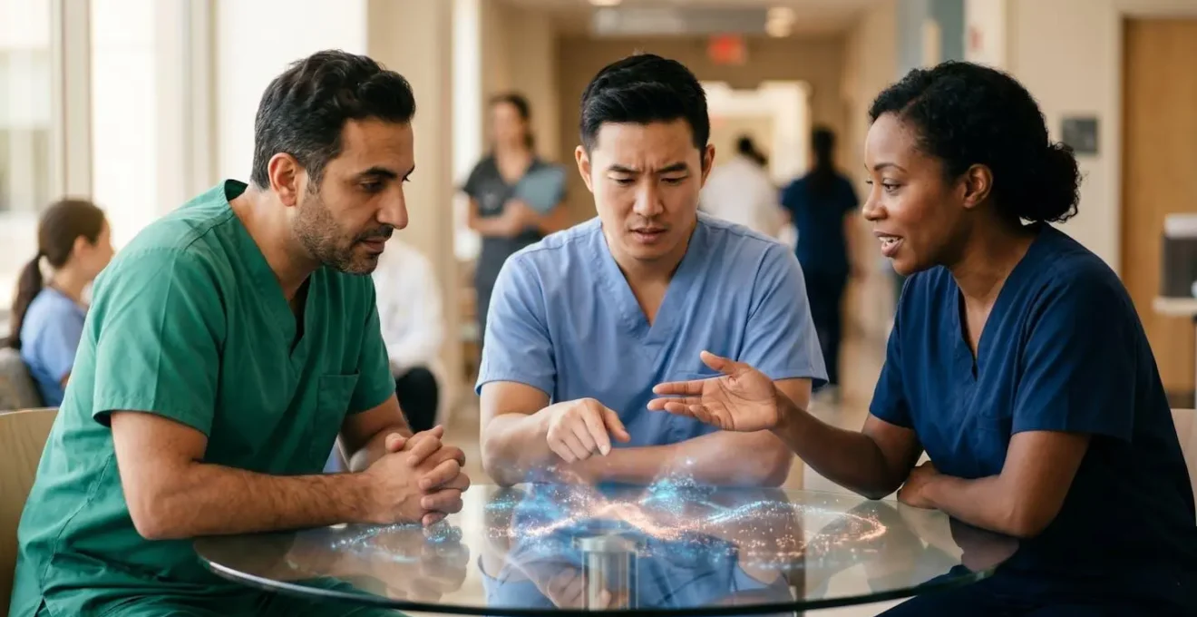 Multiple healthcare professionals working together around a central patient data hub