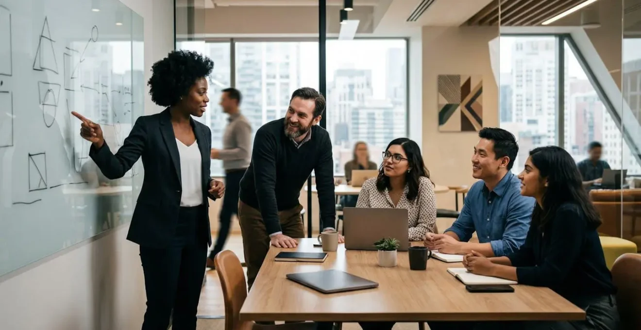 Sales team in collaborative discussion around modern conference table with natural light