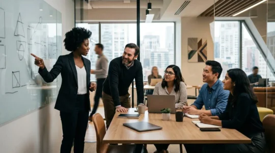 Sales team in collaborative discussion around modern conference table with natural light