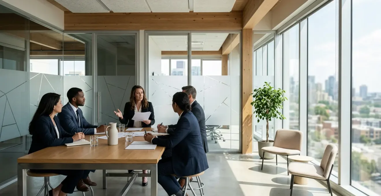 Modern hybrid law firm workspace showing professionals collaborating in a contemporary office environment with digital integration