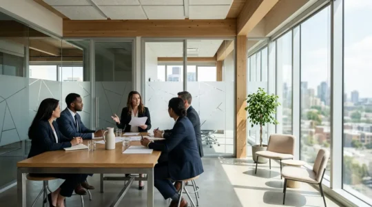Modern hybrid law firm workspace showing professionals collaborating in a contemporary office environment with digital integration