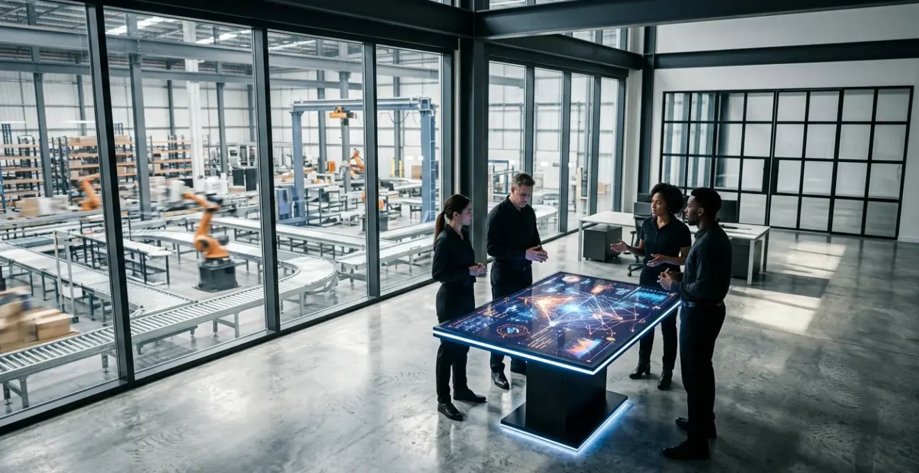Modern warehouse control center with real-time analytics displays showing viral trend curves and inventory flow patterns