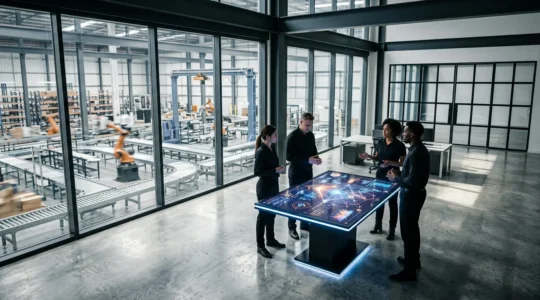 Modern warehouse control center with real-time analytics displays showing viral trend curves and inventory flow patterns