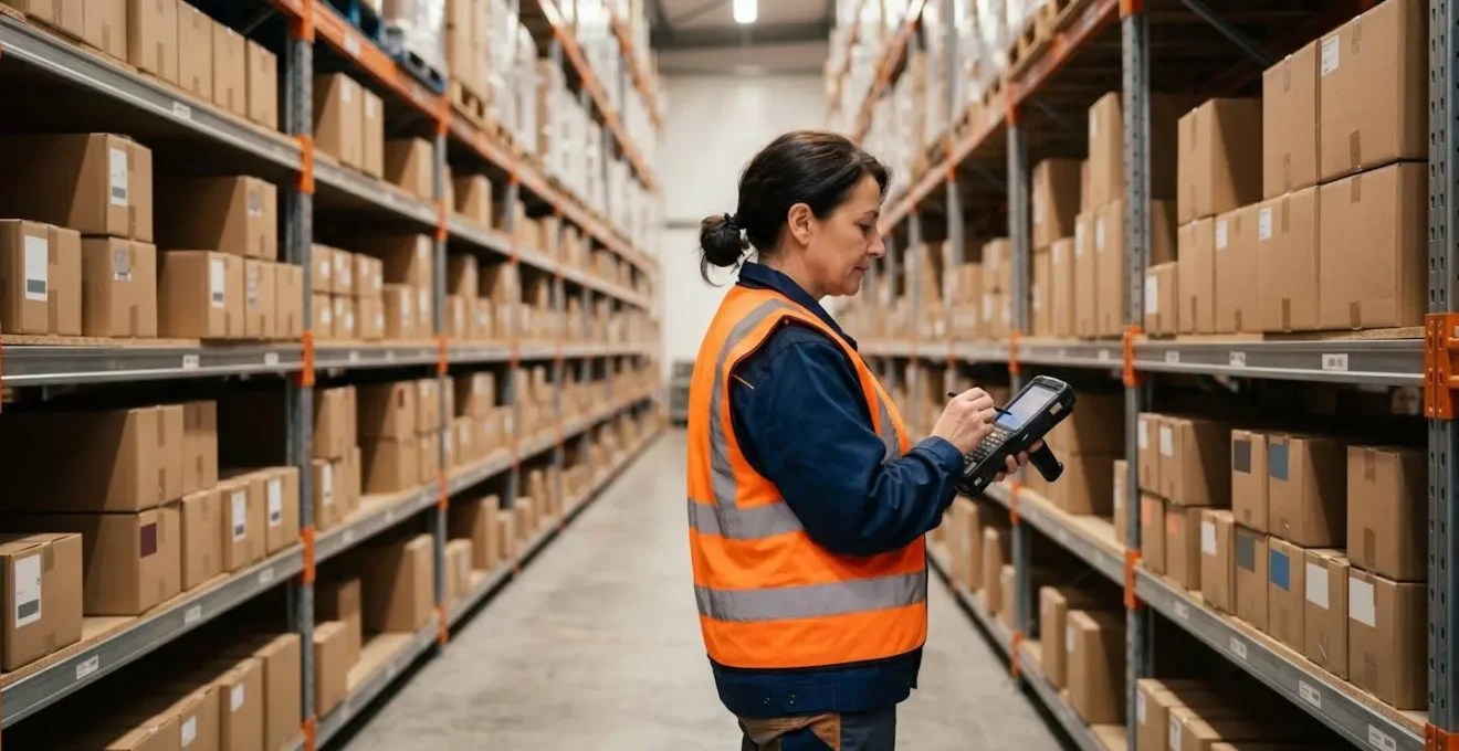 Wide angle view of modern warehouse with organized inventory shelves