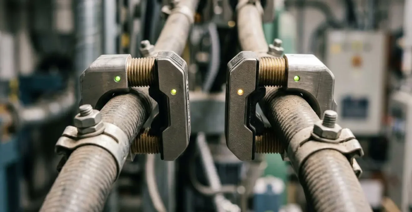 Close-up of IoT sensors attached to industrial machinery measuring energy consumption