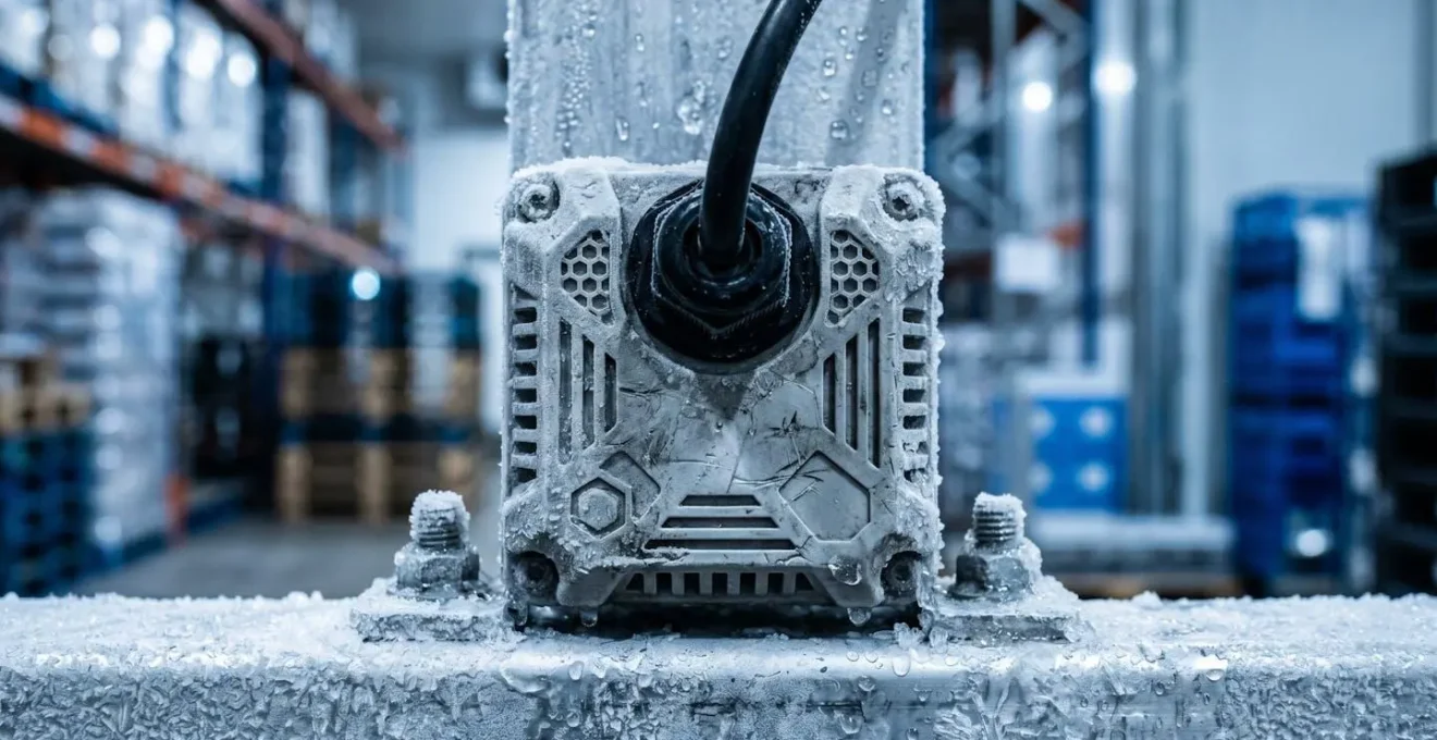 Close-up macro view of condensation-resistant IoT sensor in cold storage environment