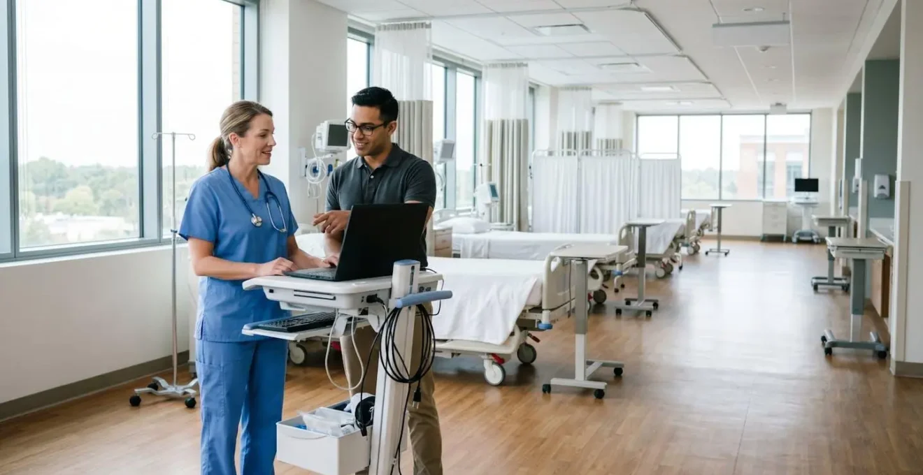 IT professional and nurse working together at a hospital workstation