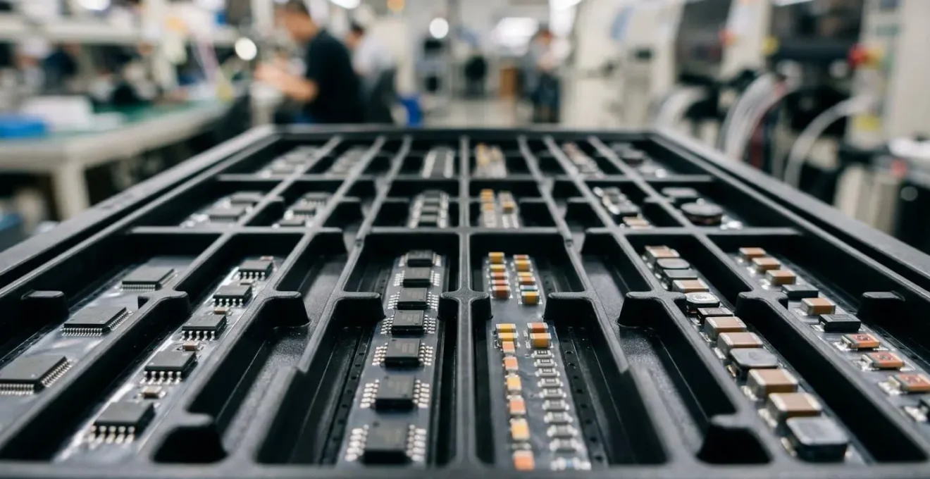 Close-up macro view of synchronized component kitting for electronics assembly